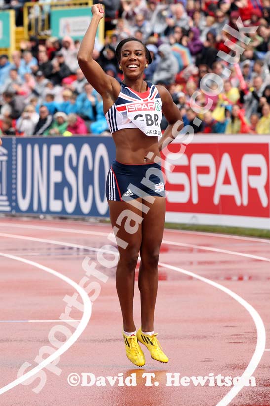 Tiffany Porter (GB) celebrates winning the 100 metres hurdles at the European Athletics Team Championships.